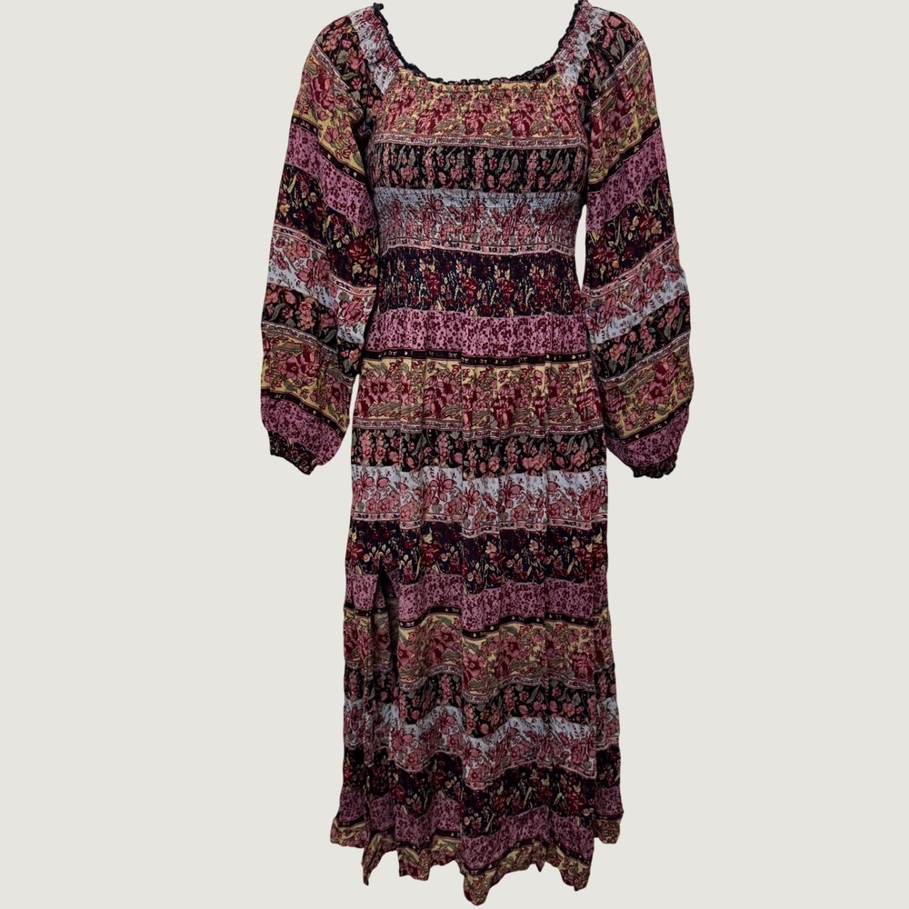 Kimchi Blue UO Midi Dress XS Pink Patchwork Floral Smocked Boho Cottagecore